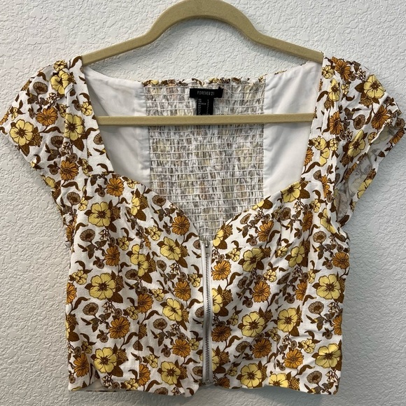 Forever 21 Yellow White Retro Floral Linen Blend Zip Crop Top- Size Large - Picture 8 of 16